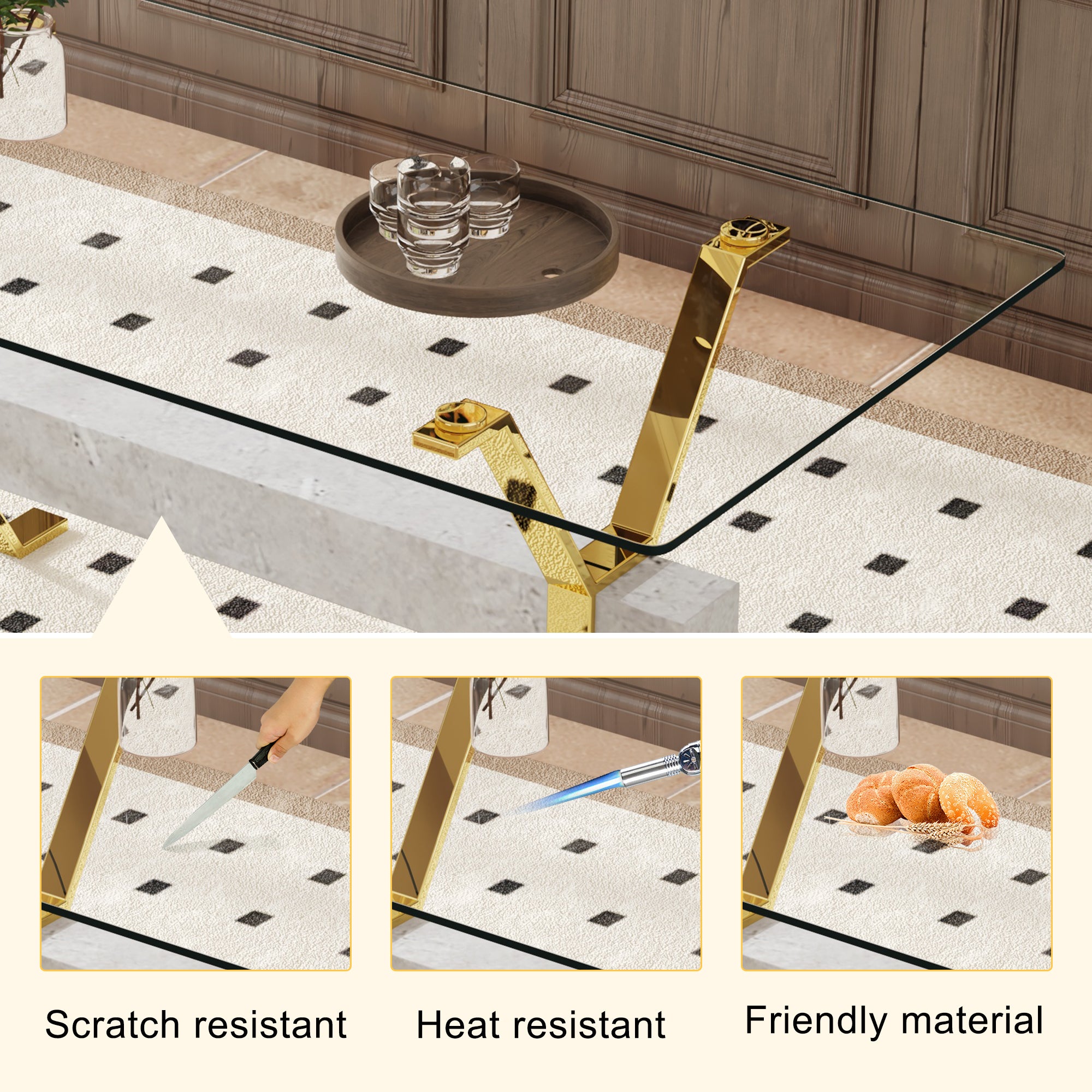 Modern tempered glass dining table. Large modern office desk with gold