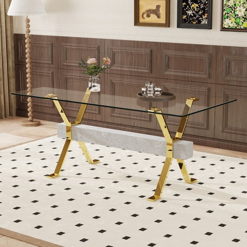Modern tempered glass dining table. Large modern office desk with gold
