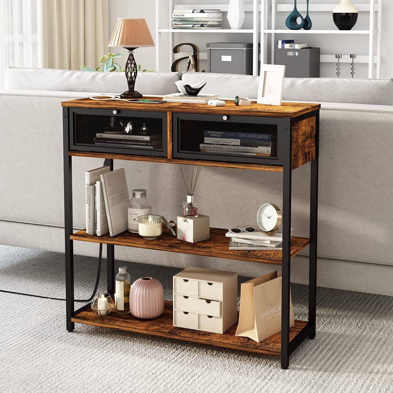 Charging Console Table with Storage Shelves