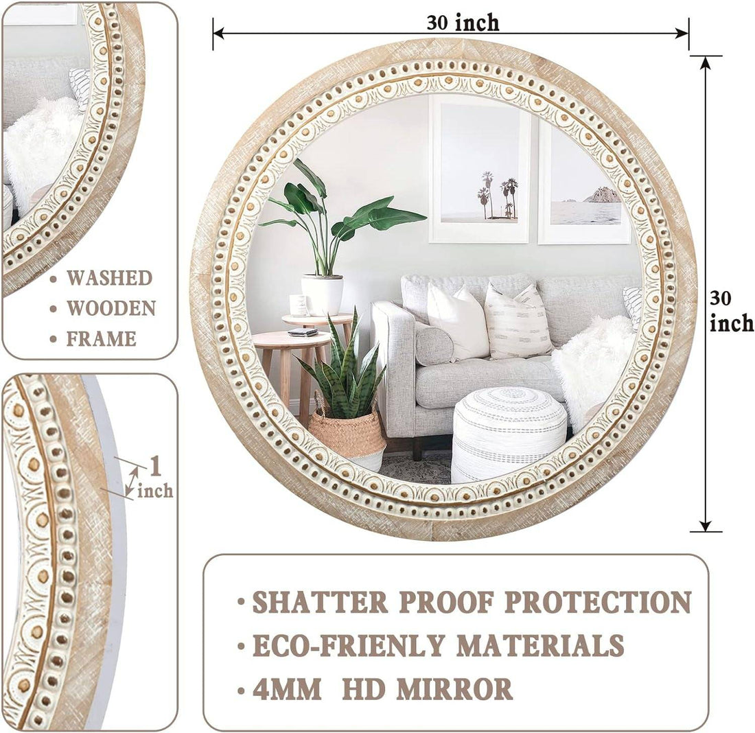 30-Inch Wooden Round Mirrors for Wall Decor, Farmhouse Rustic Large