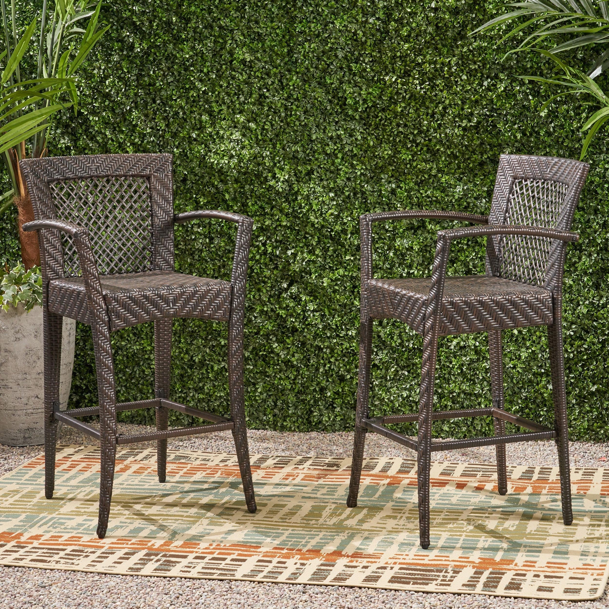 Outdoor PE rattan Barstools with Iron Frame (Set of 2), Multi Brown