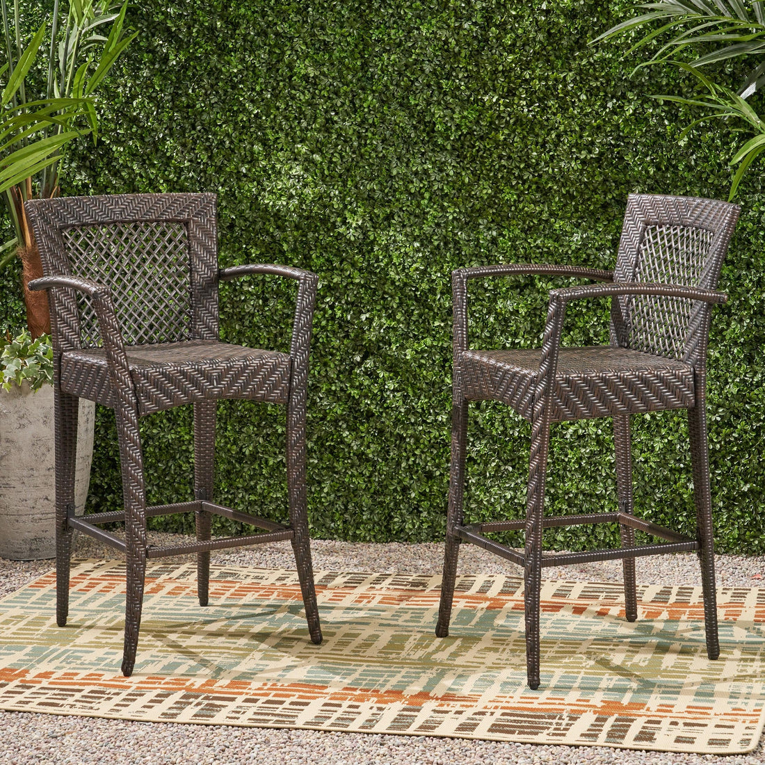 Outdoor PE rattan Barstools with Iron Frame (Set of 2), Multi Brown