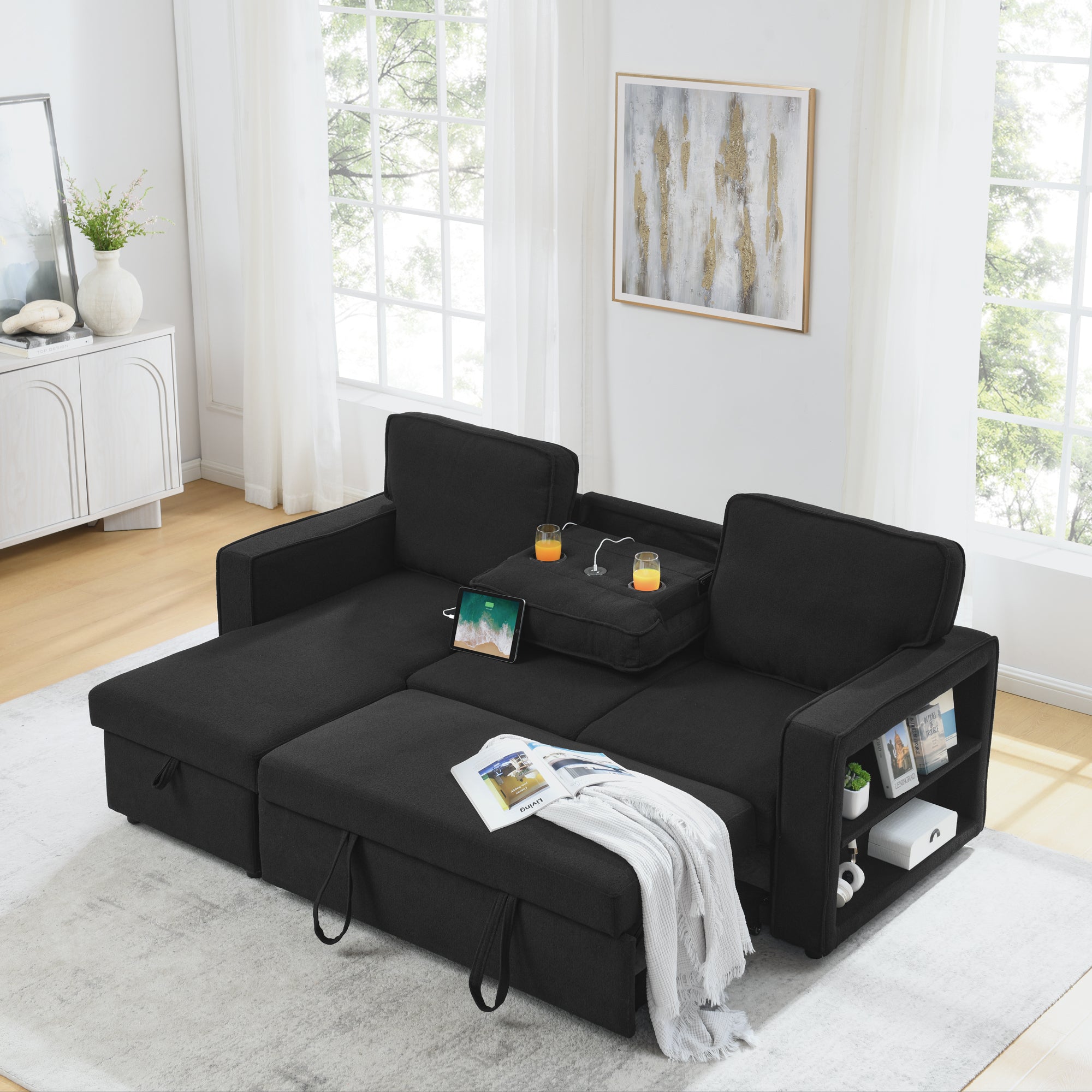 Linen Upholstered Sleeper Sectional Sofa, Shaped Modular Convertible