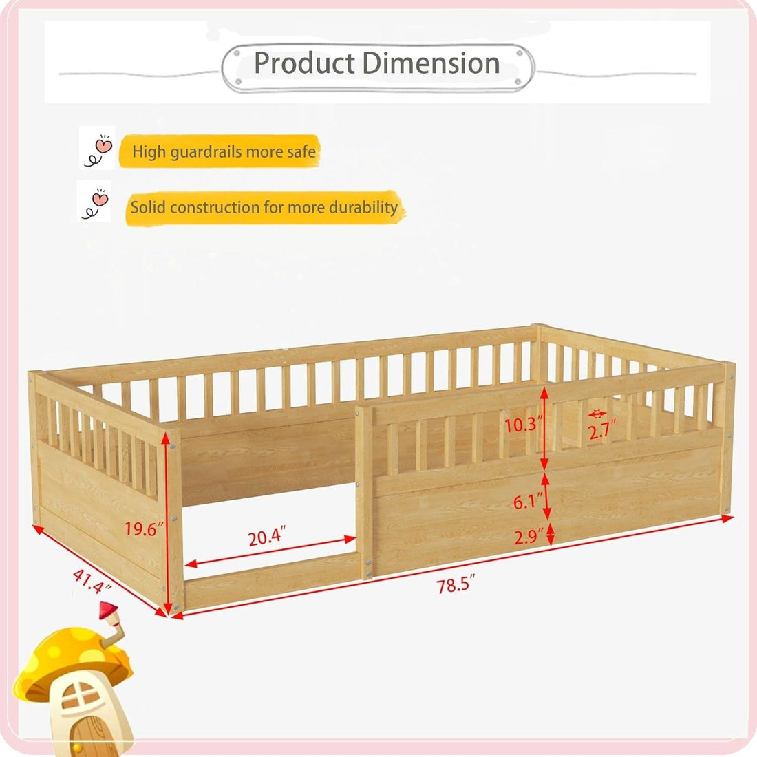 Twin Montessori Floor Bed with High Fence Natural