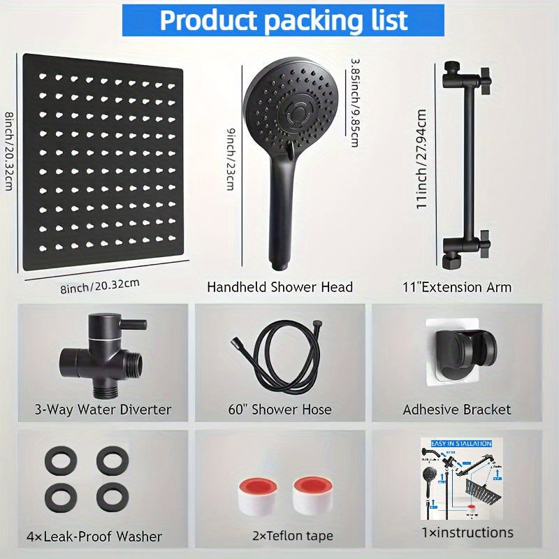 1pc High-Pressure Rain Shower Head Set - 8-Inch Stainless Steel Showerhead with 11-Inch Adjustable Extension Arm, 5-Setting Handheld Showerhead, Powerful Low-Pressure Water Spray, Matte Black Finish, Wall Mount, Durable and C