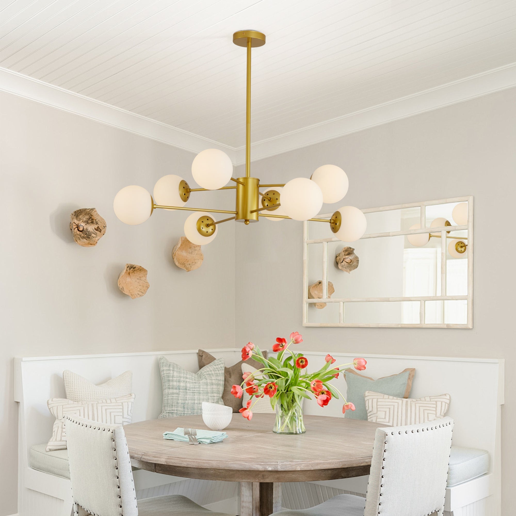 Modern 8-Light Gold Chandelier with White Glass Globe Shades,