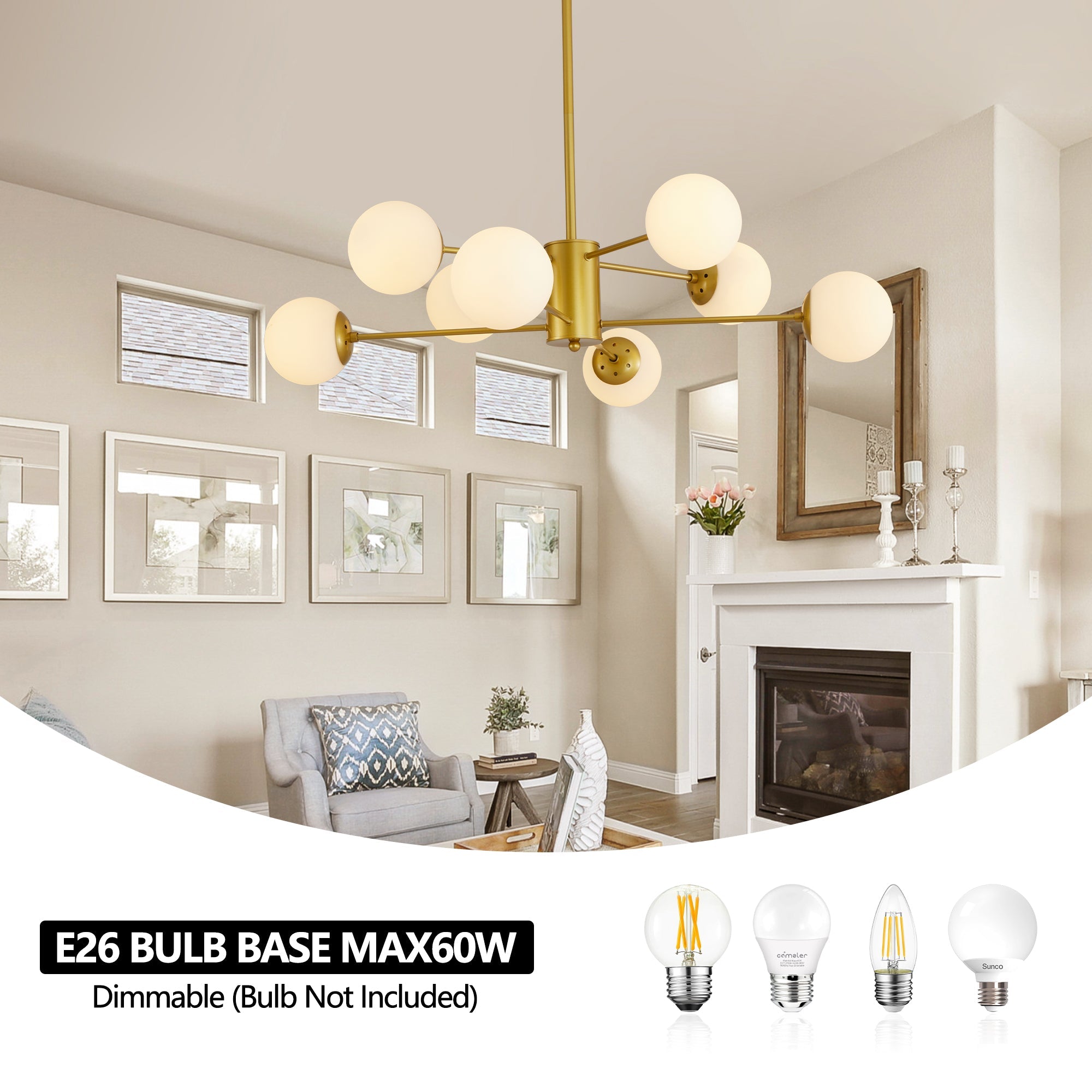 Modern 8-Light Gold Chandelier with White Glass Globe Shades,
