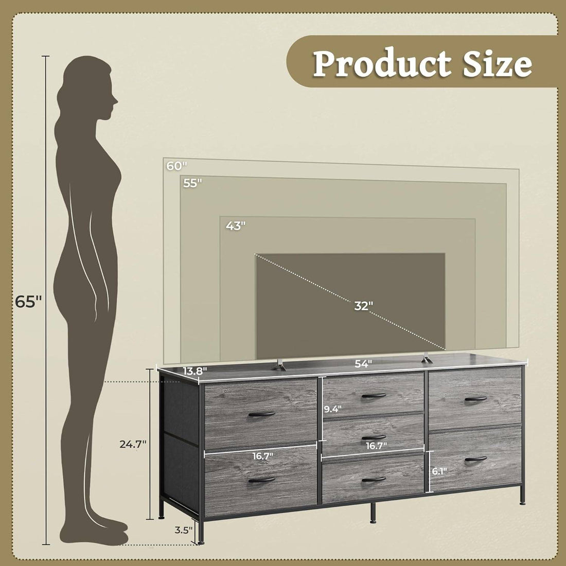 Dresser for Bedroom, 55 Inch Dresser TV Stand for 43, 55, 60 Inch TV,