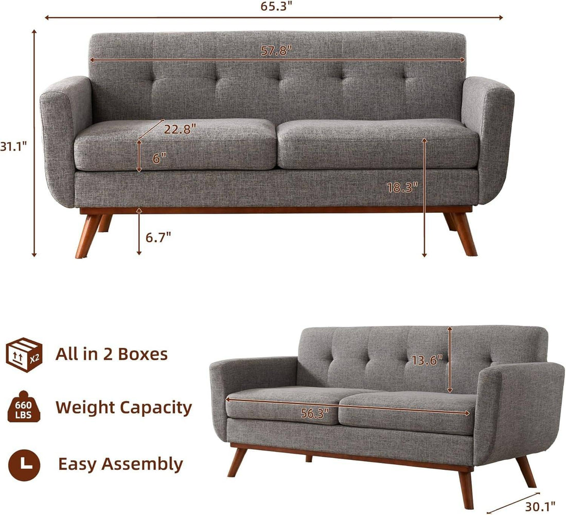 Grey Mid-Century Loveseat Sofa Easy Assembly, Solid Wood