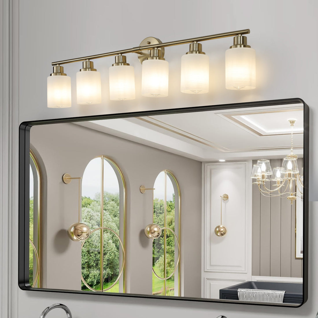 6-Light Golden Bathroom Vanity Light Fixture, Frosted Glass Shades,
