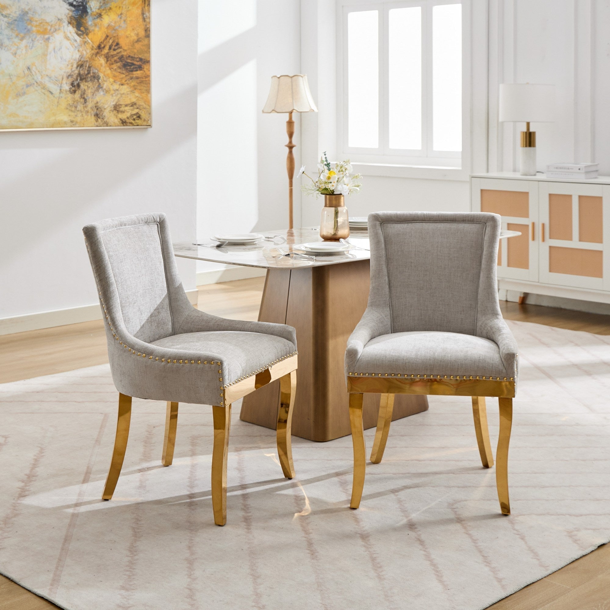 Chenille Dining Chairs, Modern Style with Curved Gold - Plated Legs &