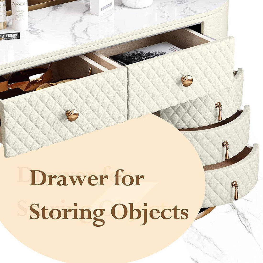 Pink Vanity Desk Set LED Mirror Storage Stool