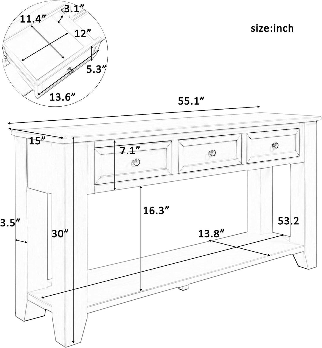 Black Console Table with Drawers and Shelf
