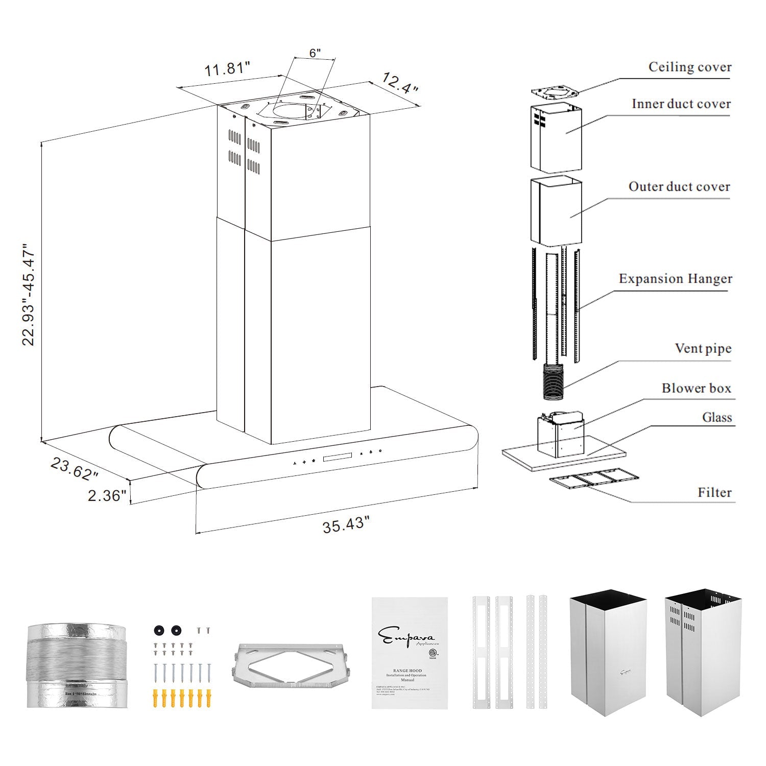 Empava 36RH10 36 in. 400 CFM Island Ducted Range Hood