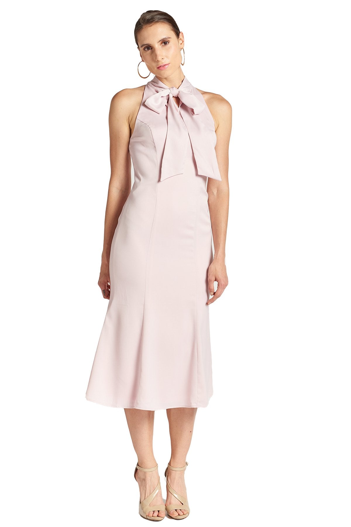 Eloise Dress - Stretch satin midi mermaid dress with neck tie rose