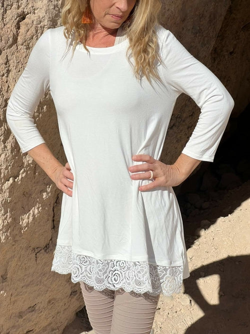 Ivory 3/4 Sleeve Tunic with Lace Hem
