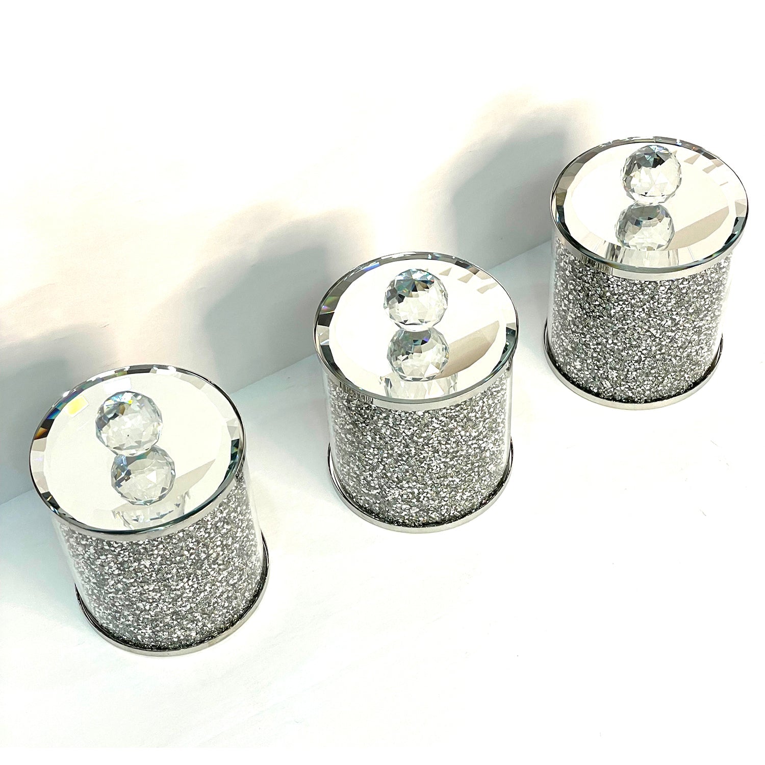 Exquisite Three Glass Canister Set, Silver Crushed Diamond Glass