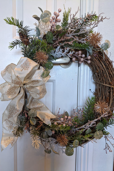 handmade 18 inch grapevine wreath with oretty shades of pink and