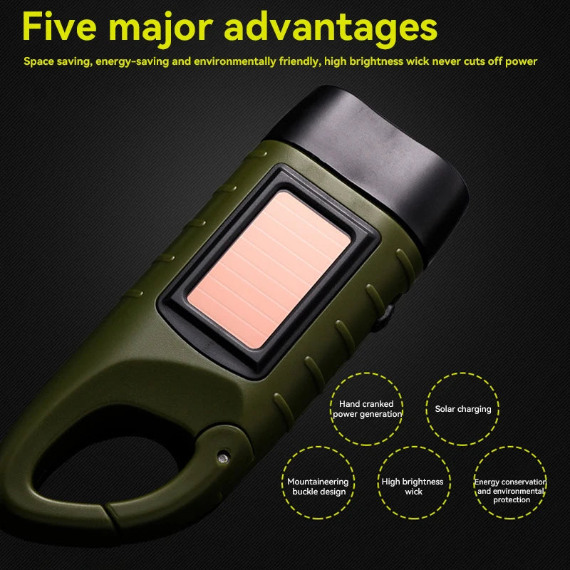 LED Flashlight Hand Crank Solar Powered Rechargeable Survival Gear Self Powered Charging Torch Dynamo for Fishing Boating Hiking