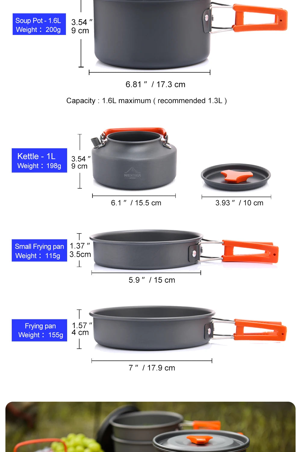 Widesea Camping Soup Pot Outdoor Teapot Cookware Pan Set Tableware Cutlery Utensils Hiking Picnic Travel Equipment Cooker