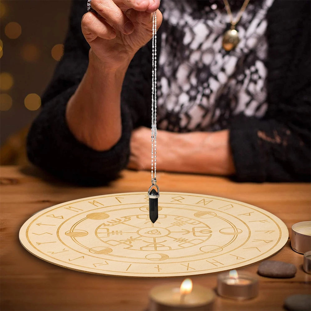 Black Round Wooden Board Laser Engraved Rune Coaster Yoga Meditation Board Healing Table Mat Spiritual Pendulum Divination Tool