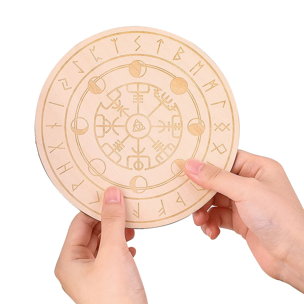 Black Round Wooden Board Laser Engraved Rune Coaster Yoga Meditation Board Healing Table Mat Spiritual Pendulum Divination Tool
