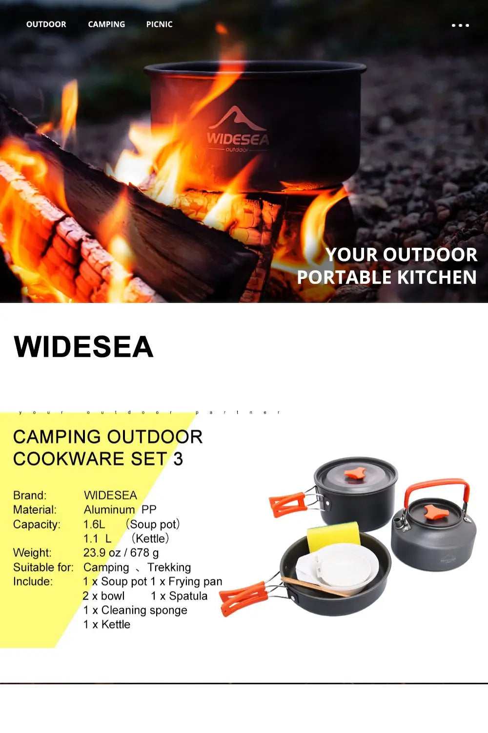 Widesea Camping Tableware Outdoor Cookware Set Pots Tourist Dishes Bowler Kitchen Equipment Gear Utensils Hiking Picnic Travel