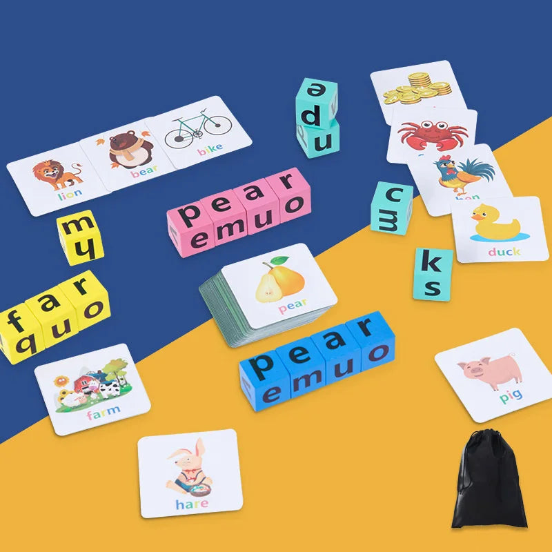 Montessori Wooden Word Spelling Game Learning Toy Alphabet Block with 54 Cards Parent-child Interactive Puzzles Toys Kids Gifts