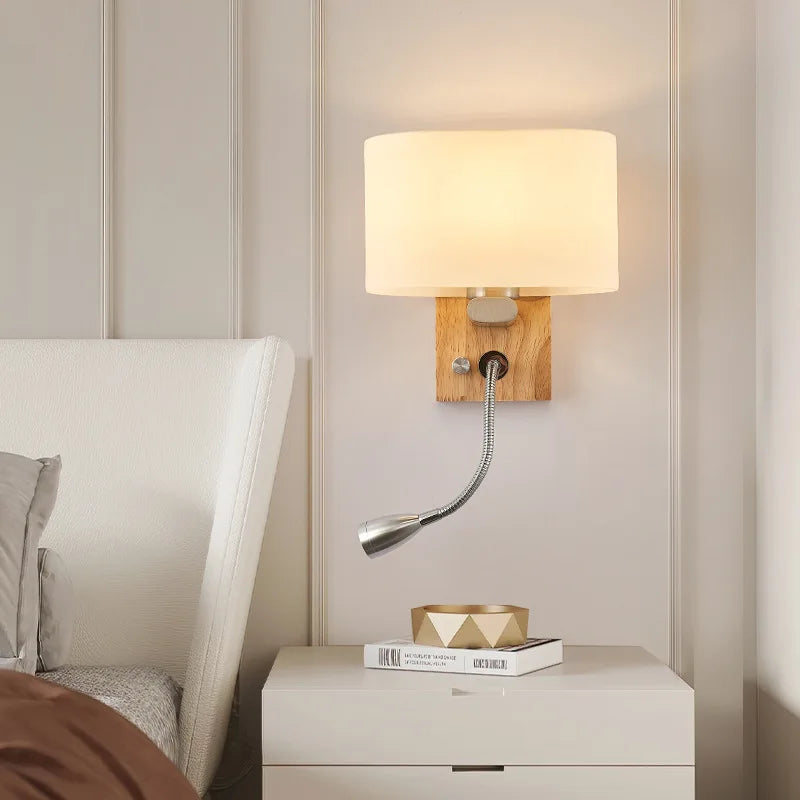 Wooden Wall Light With Oval/Rectangle Fabric Shade Base Switch Hotel Room Bedroom Frosted-glass Wall Sconce 1W Reading Spotlight