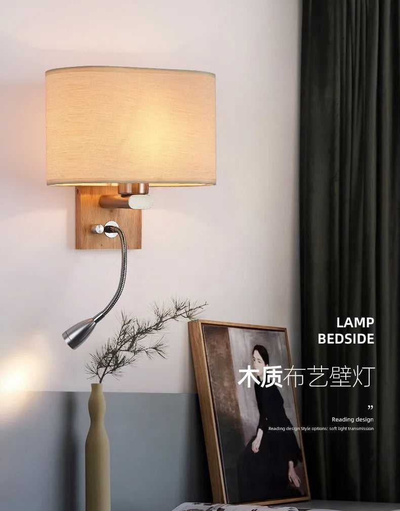 Wooden Wall Light With Oval/Rectangle Fabric Shade Base Switch Hotel Room Bedroom Frosted-glass Wall Sconce 1W Reading Spotlight