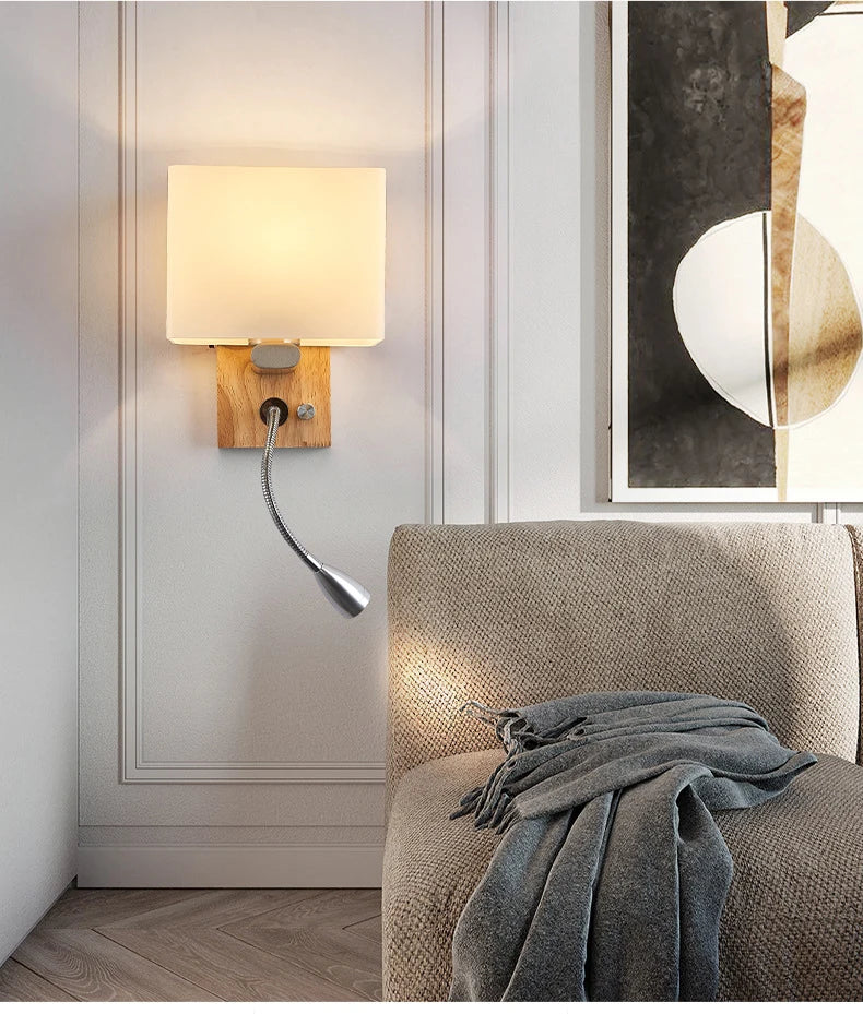 Wooden Wall Light With Oval/Rectangle Fabric Shade Base Switch Hotel Room Bedroom Frosted-glass Wall Sconce 1W Reading Spotlight