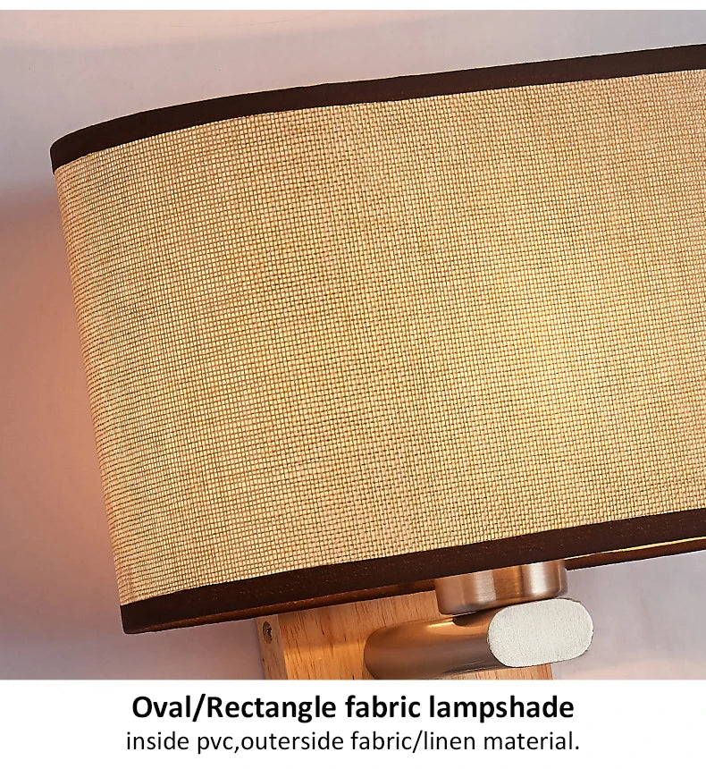 Wooden Wall Light With Oval/Rectangle Fabric Shade Base Switch Hotel Room Bedroom Frosted-glass Wall Sconce 1W Reading Spotlight