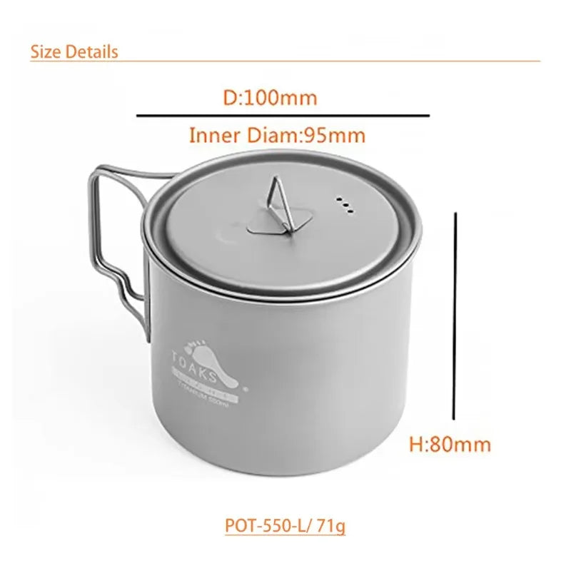 TOAKS Titanium 550ml Pot POT-550-L Ultralight Version Cup 0.3mm, Outdoor Camping Mug with Lid and Foldable Handle 550ml 72g