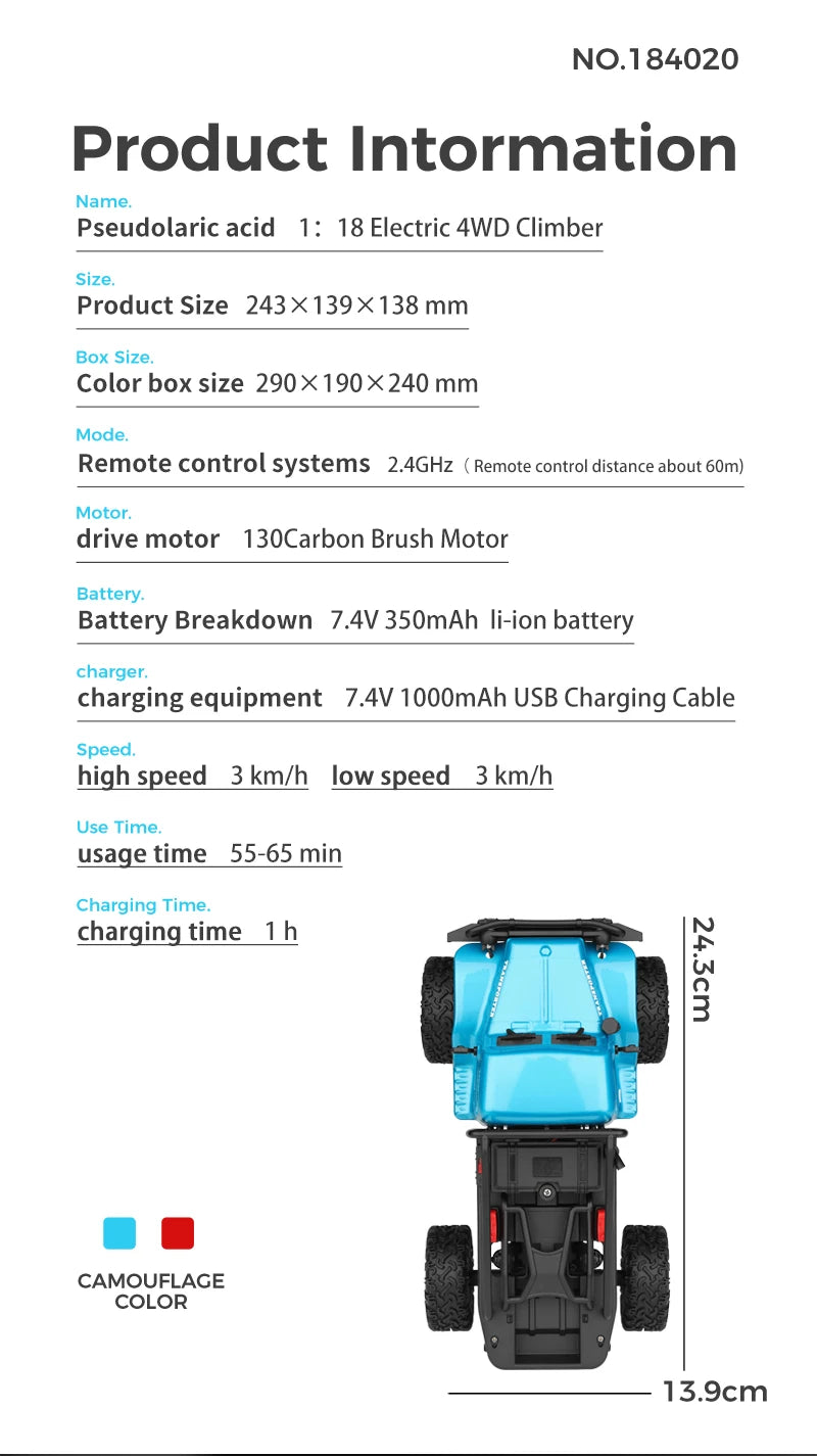 Wltoys 184020 1:18 Mini RC Car 2.4G With LED Lights 4WD Off-Road Electric Crawler Vehicle Remote Control Truck Toy for Children