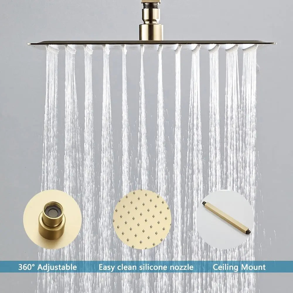 BAKALA 8/10/12Inch Water Powered Rain Shower Head Bathroom Square Brush gold Shower head. stainless steel shower head
