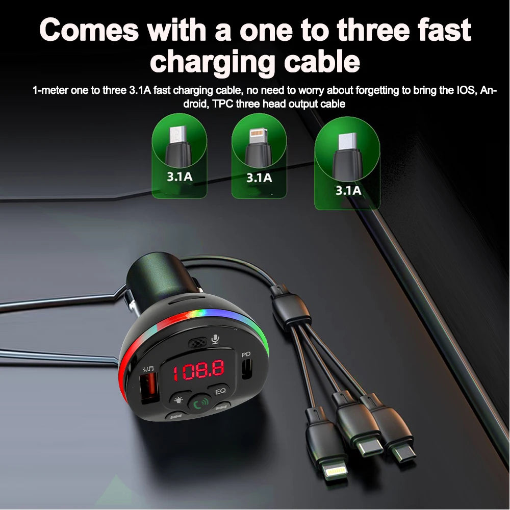 Bluetooth 5.0 Car FM Transmitter Hands-free Call MP3 Radio Modulator 3 in 1 Spring Cable Charger USB PD Car Charger for iPhone