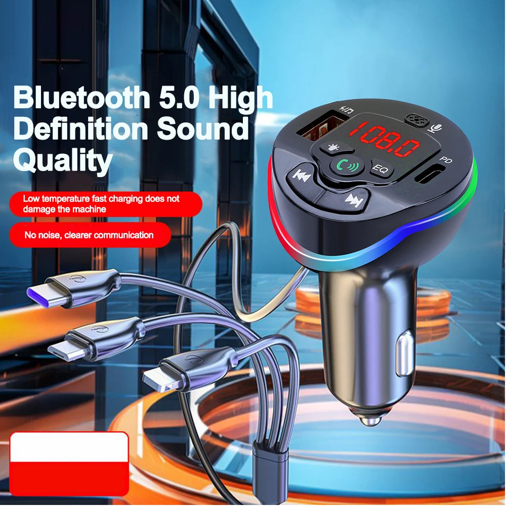 Bluetooth 5.0 Car FM Transmitter Hands-free Call MP3 Radio Modulator 3 in 1 Spring Cable Charger USB PD Car Charger for iPhone