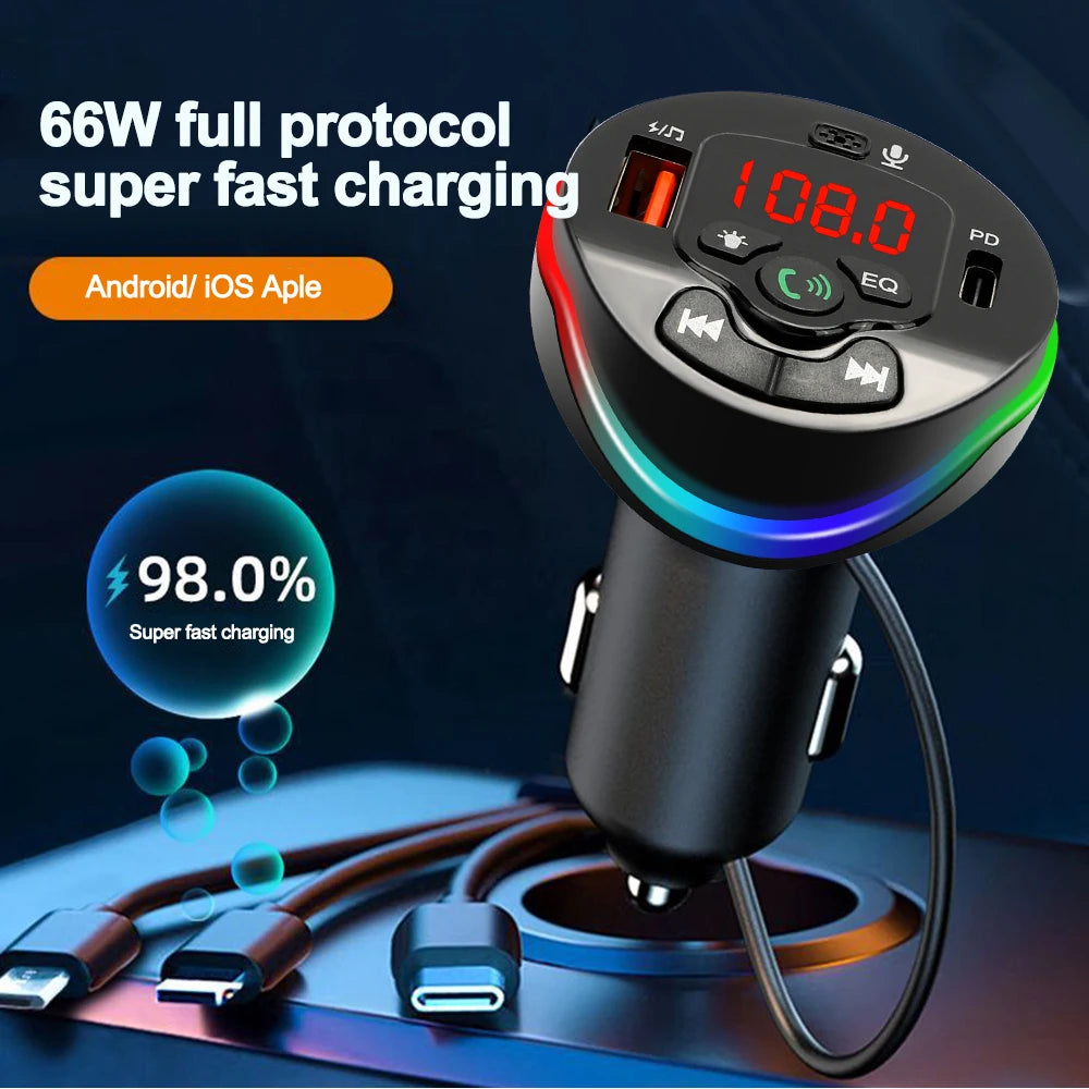 Bluetooth 5.0 Car FM Transmitter Hands-free Call MP3 Radio Modulator 3 in 1 Spring Cable Charger USB PD Car Charger for iPhone