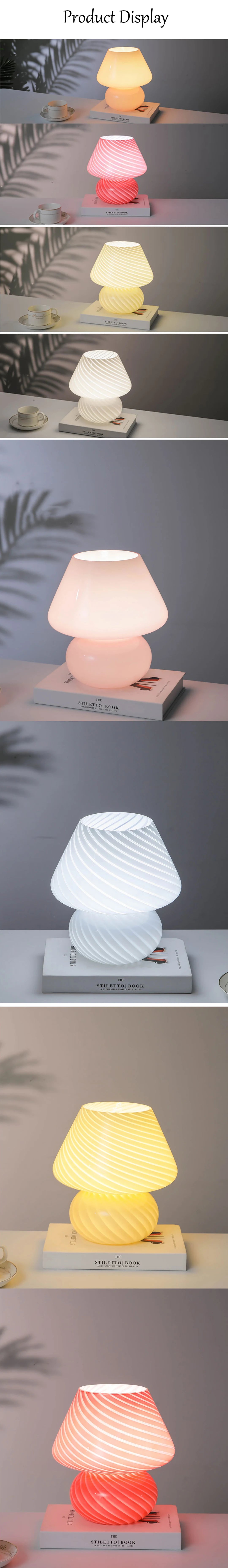 AC-Powered Large Glass Mushroom Lamp LED Mushroom Desk Light with E27 Tricolored Bulb Classic Nightstand Light for Room Decor