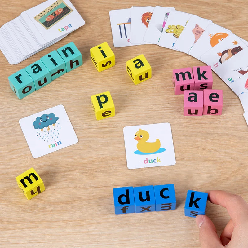 Montessori Wooden Word Spelling Game Learning Toy Alphabet Block with 54 Cards Parent-child Interactive Puzzles Toys Kids Gifts