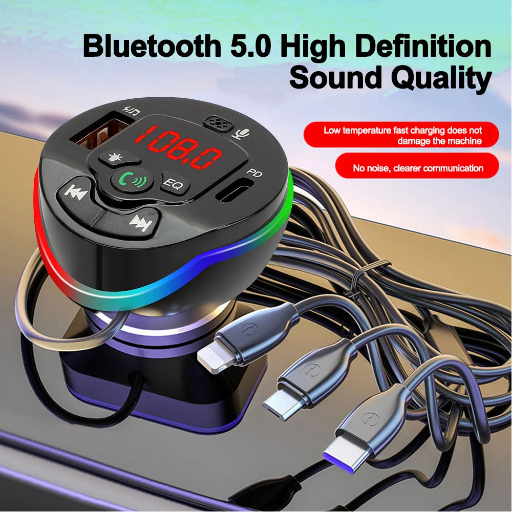 Bluetooth 5.0 Car FM Transmitter Hands-free Call MP3 Radio Modulator 3 in 1 Spring Cable Charger USB PD Car Charger for iPhone