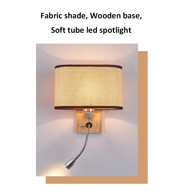 Wooden Wall Light With Oval/Rectangle Fabric Shade Base Switch Hotel Room Bedroom Frosted-glass Wall Sconce 1W Reading Spotlight