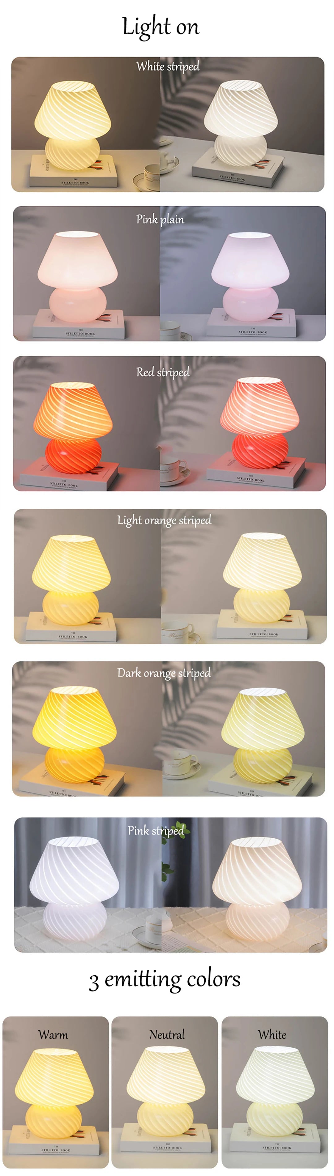 AC-Powered Large Glass Mushroom Lamp LED Mushroom Desk Light with E27 Tricolored Bulb Classic Nightstand Light for Room Decor