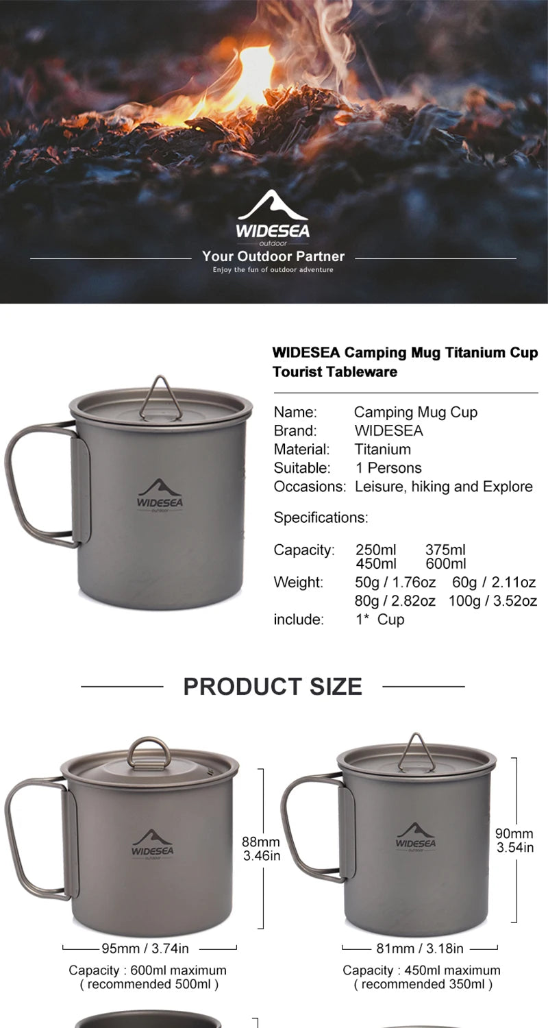 Widesea Camping Titanium Kettle Outdoor Tea Coffee Kettle Tableware Pot Supplies Tourist Dishes Hiking Cooking Equipment