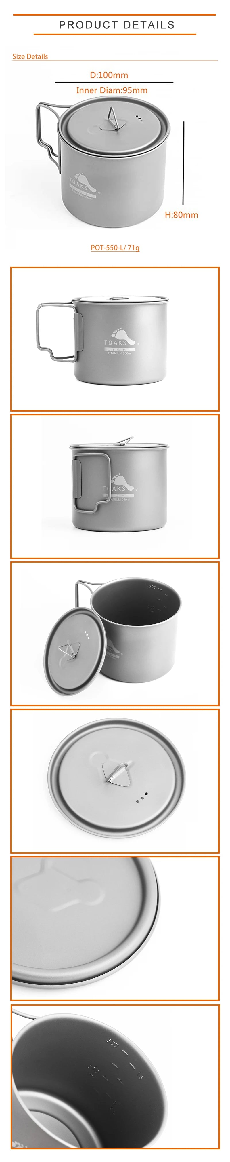 TOAKS Titanium 550ml Pot POT-550-L Ultralight Version Cup 0.3mm, Outdoor Camping Mug with Lid and Foldable Handle 550ml 72g