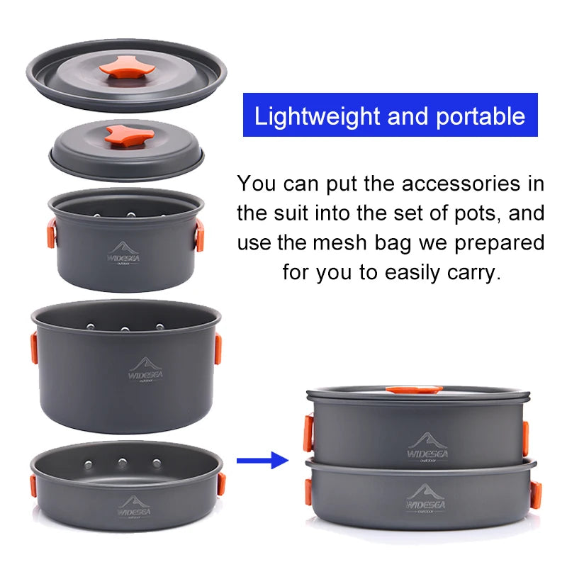 Widesea Camping Soup Pot Outdoor Teapot Cookware Pan Set Tableware Cutlery Utensils Hiking Picnic Travel Equipment Cooker