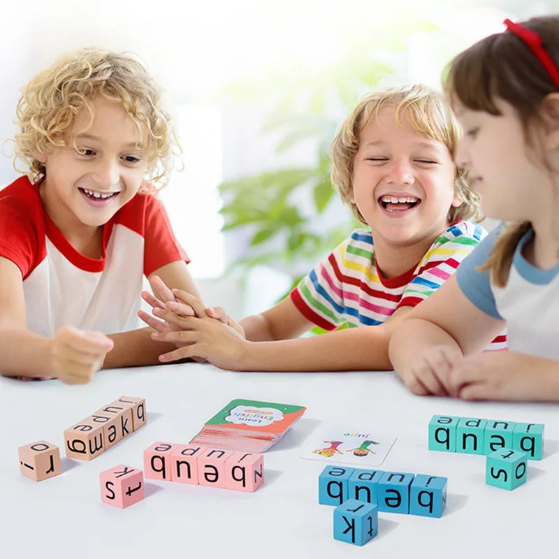 Montessori Wooden Word Spelling Game Learning Toy Alphabet Block with 54 Cards Parent-child Interactive Puzzles Toys Kids Gifts