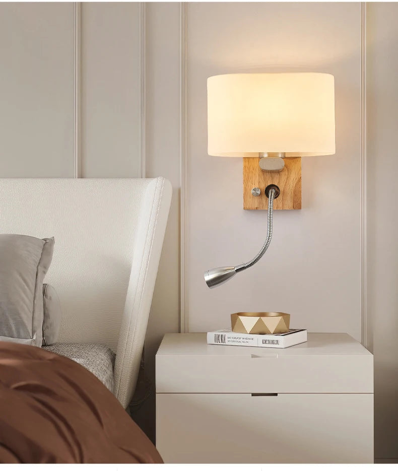 Wooden Wall Light With Oval/Rectangle Fabric Shade Base Switch Hotel Room Bedroom Frosted-glass Wall Sconce 1W Reading Spotlight