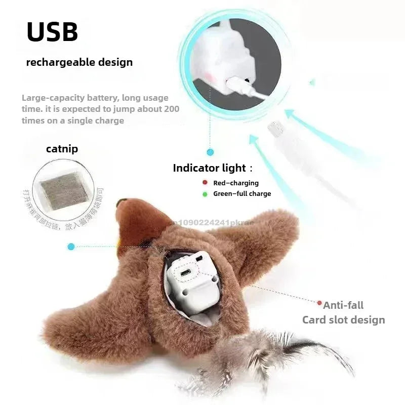 Interactive Cat Toys Rechargeable Flying Bird Rat Cat Toy Chirping Flapping Bird Can Add Catnip Touch Activated Cute Plush Toy