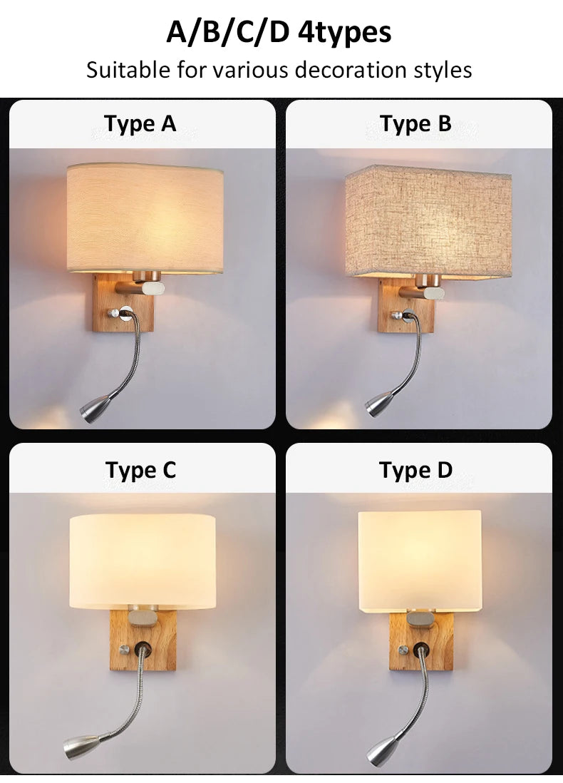 Wooden Wall Light With Oval/Rectangle Fabric Shade Base Switch Hotel Room Bedroom Frosted-glass Wall Sconce 1W Reading Spotlight